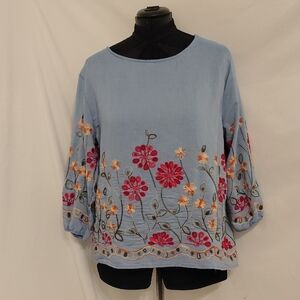 Embroidered Light Blue Floral Tunic Top